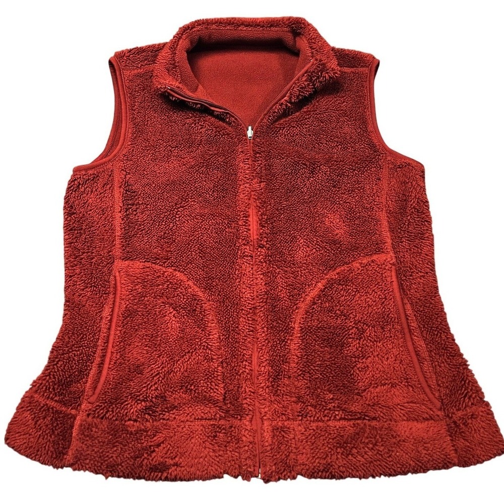 Eddie Bauer Reversible Fleece Vest Womens M Red Sherpa Fullβ Zip Outdoor Layer